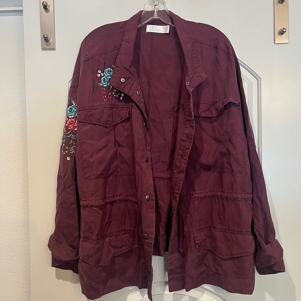 Time and Tru Burgundy/purple Utility Jacket with Floral Embroidery. PLUS